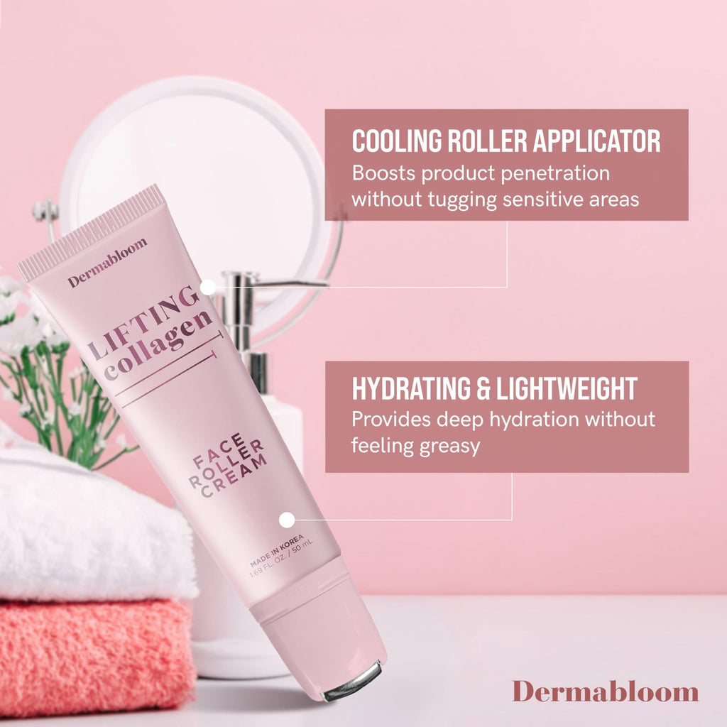Dermabloom Collagen Face Roller Cream – Firms, Depuffs, Smooths Fine Lines – Dermatologist Tested, Anti-Aging, Korean Skin Care – Vegan, Clean Beauty, Non-GMO, Made in Korea – 1.69 Fl Oz
