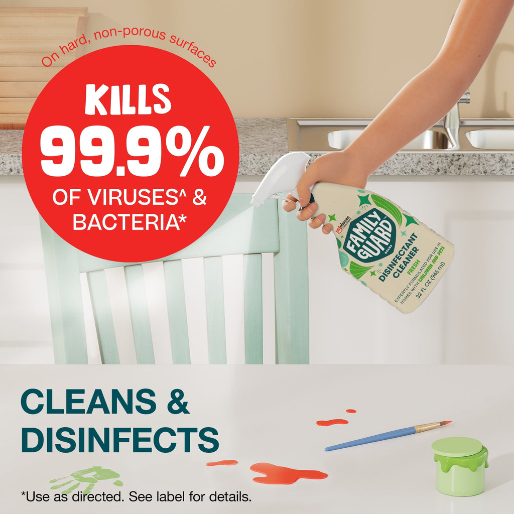 FamilyGuard Brand Disinfectant Cleaner, Multi Surface, 32 oz, Fresh. Expertly Formulated for Use in Homes with Children and Pets