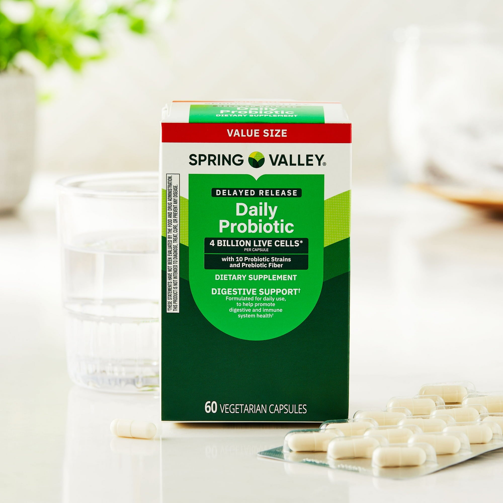 Spring Valley Daily Probiotic Delayed Release Capsules for Digestive Health, 4 Billion Live Cells, 60 Count