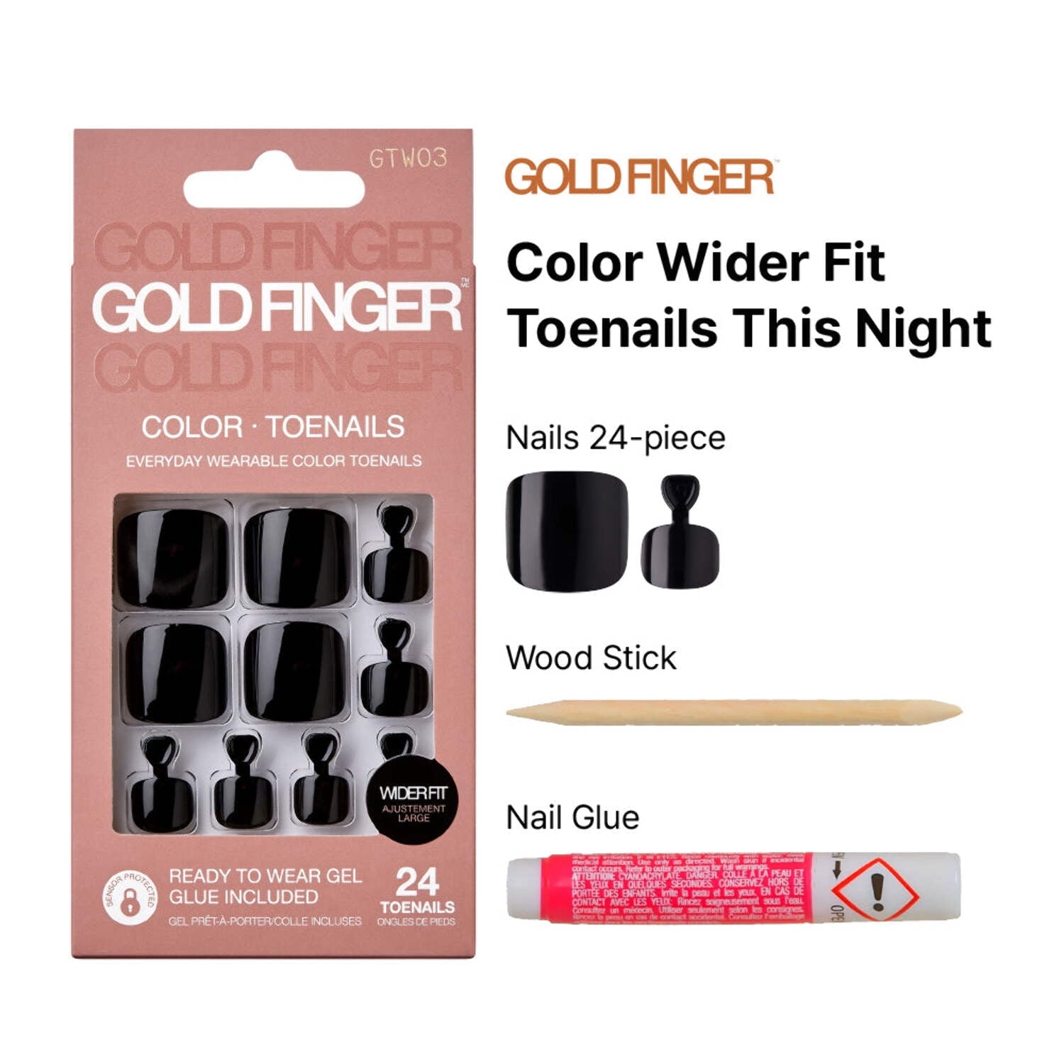 GoldFinger Press On Toenails Kit Wider Fit, Bold Glossy Black Color Toenail, Ready to Wear Gel & Manicure Stick, 2g Glue included, Long-Lasting Convenient & Easy to Apply