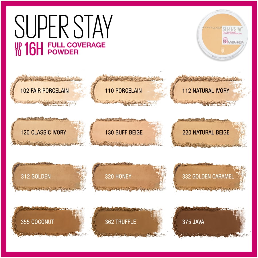 Maybelline Super Stay Powder Foundation Makeup, Full Coverage, 362 Truffle, 0.21 oz