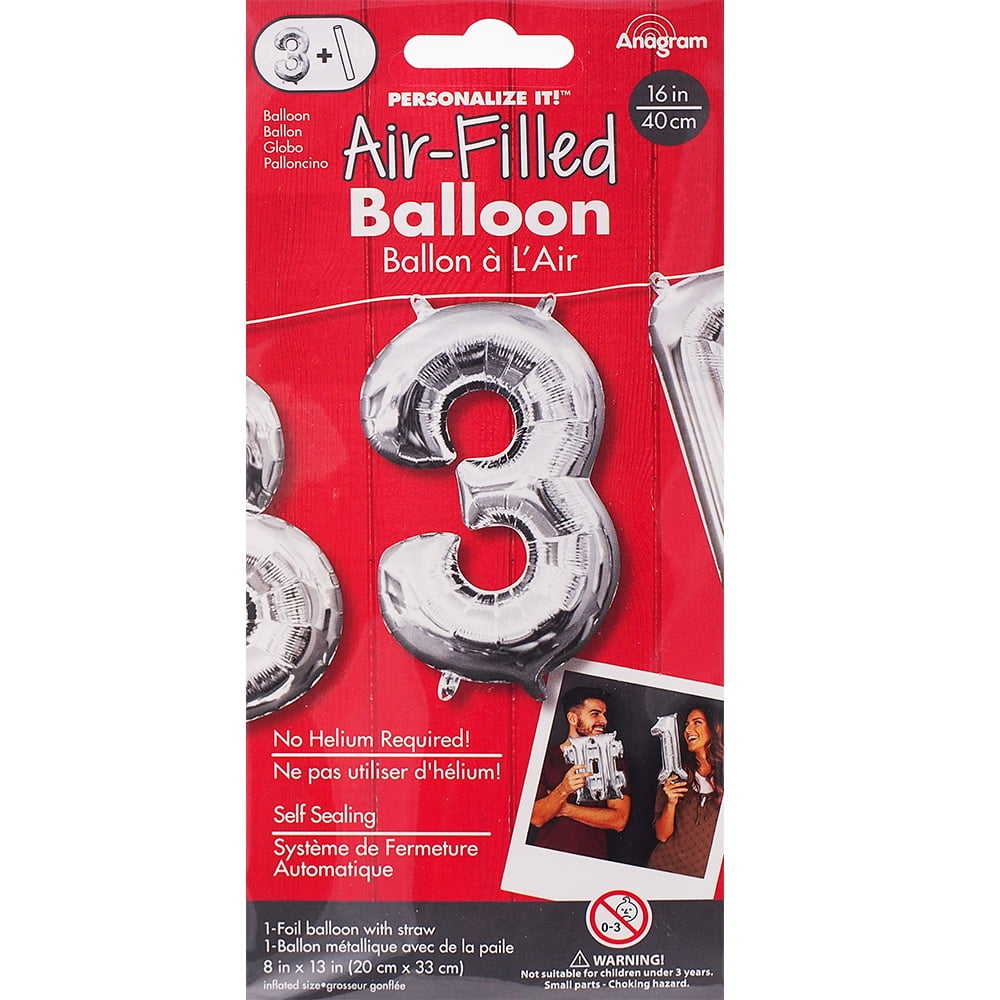 Anagram 16 in. Number 3 Silver Shape Air Fill Foil Balloon