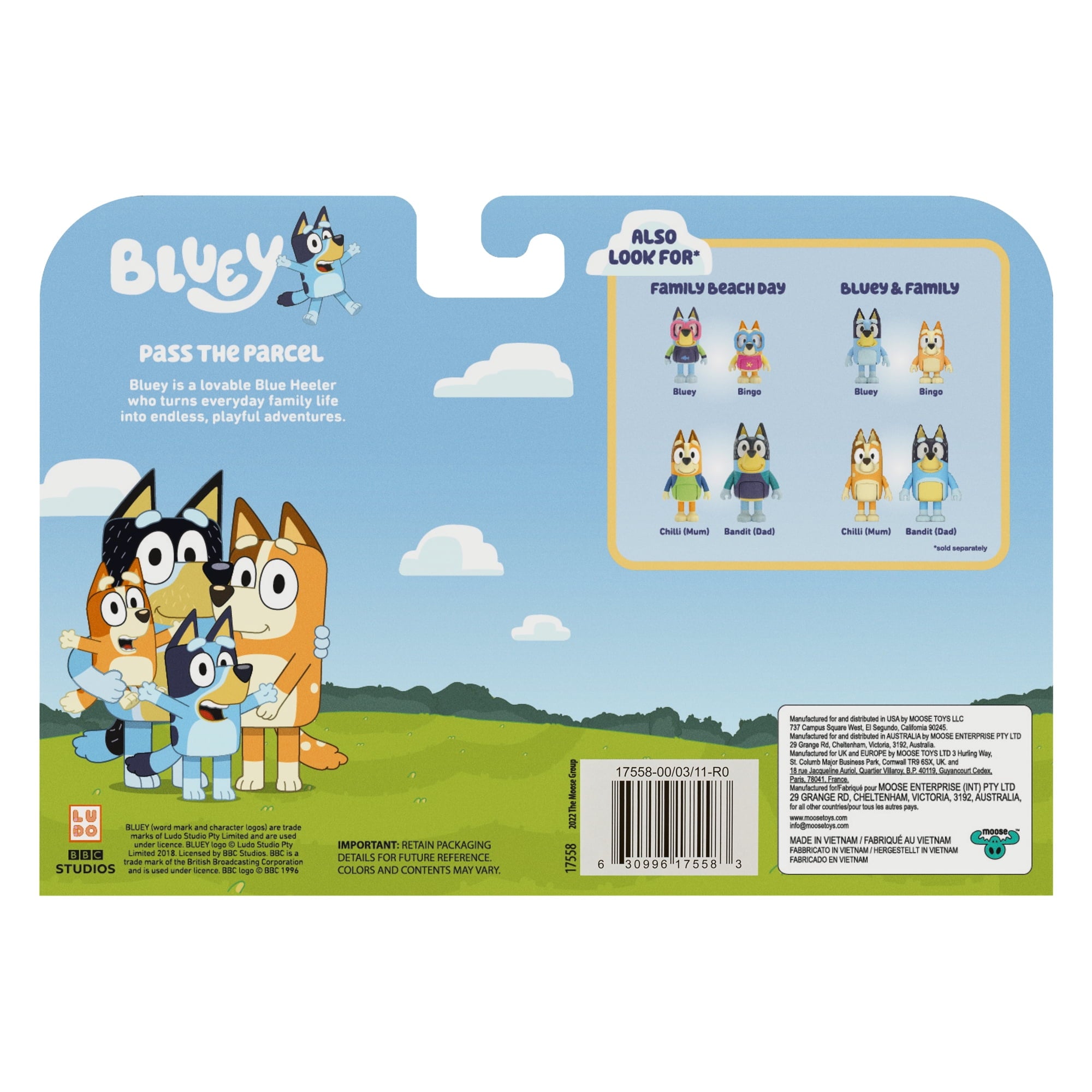 Bluey Pass the Parcel Includes Bluey, Bingo, Lucky's Dad and Lila 2.5-3 inch 4 Pack Figure, Ages 3+