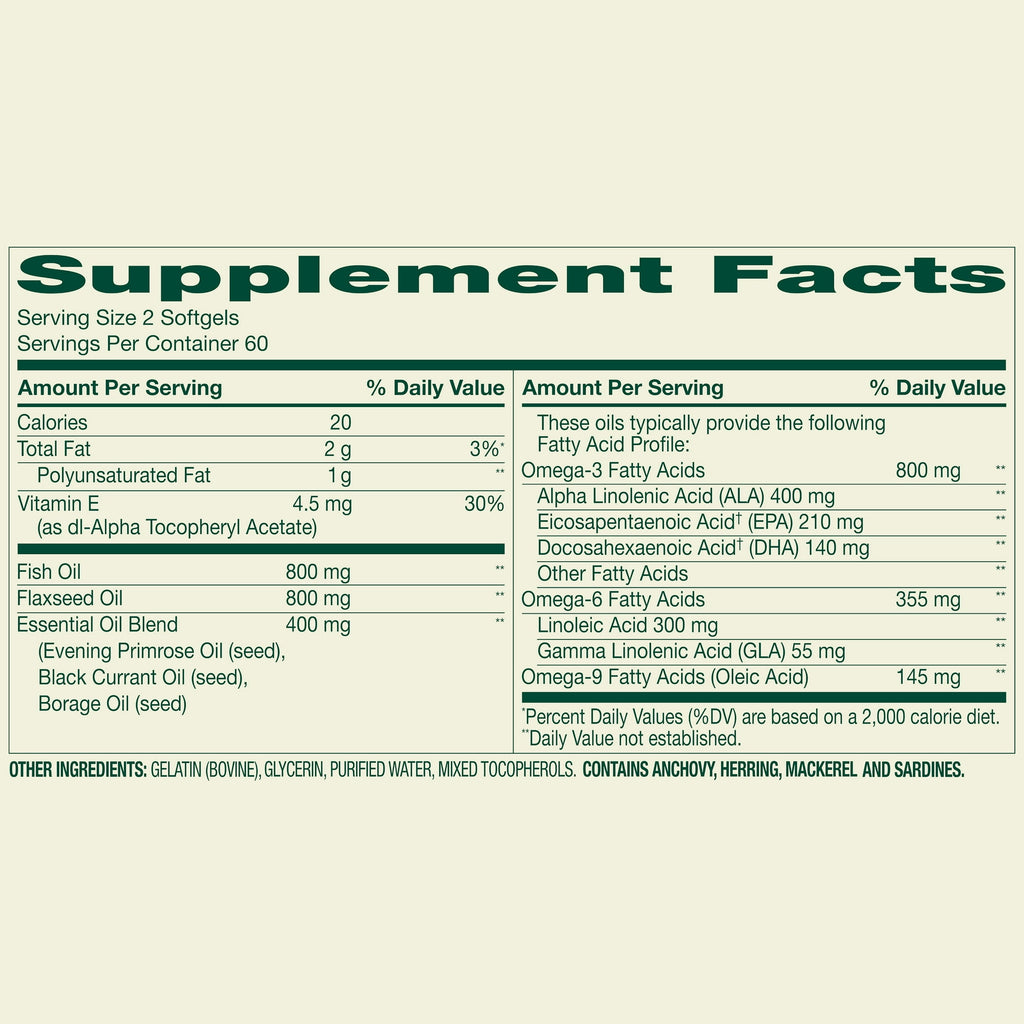 Spring Valley Triple Omega, Fish Oil 800mg, Flax Oil 800mg, and Borage Oil Softgels, Heart Health Dietary Supplement, 120 Count