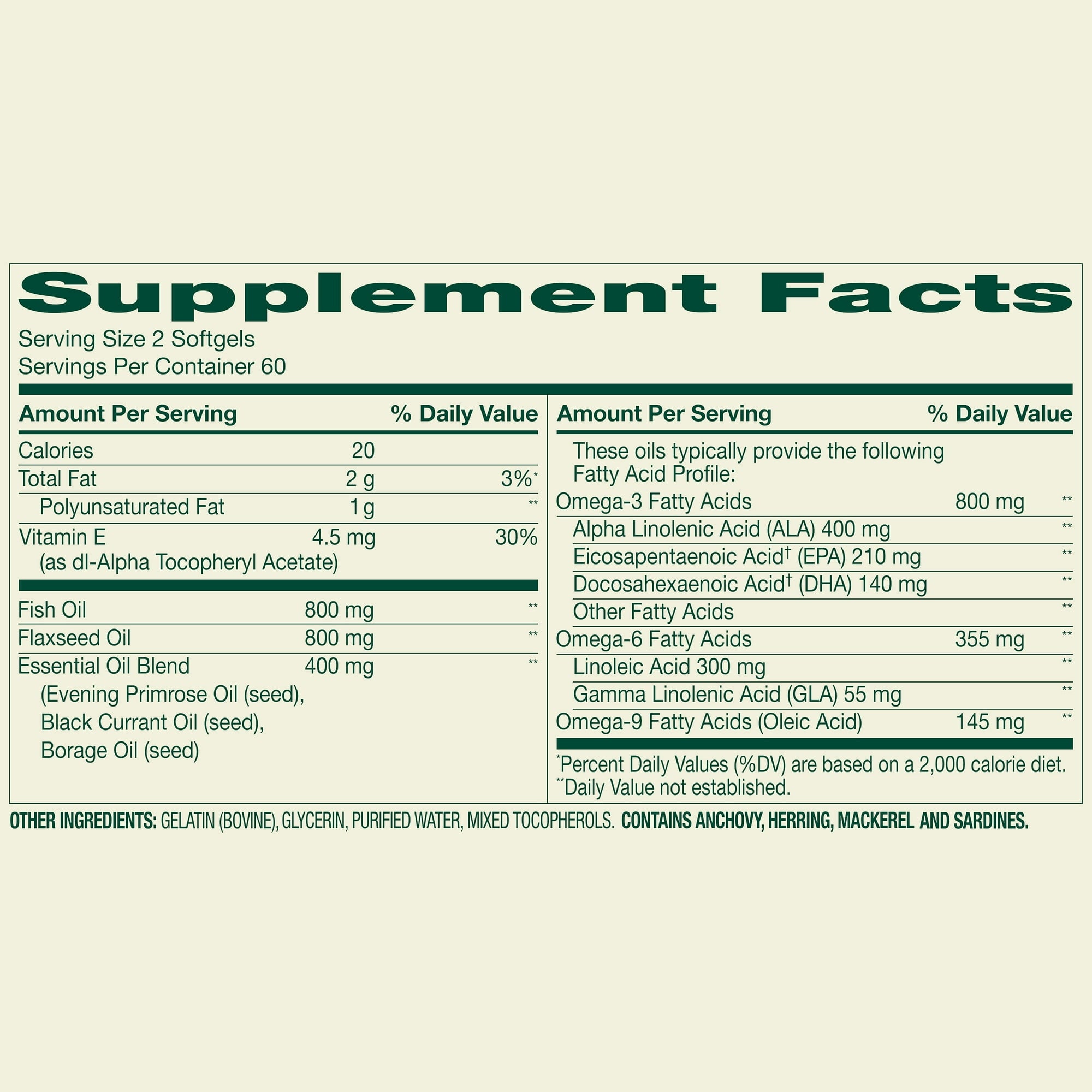 Spring Valley Triple Omega, Fish Oil 800mg, Flax Oil 800mg, and Borage Oil Softgels, Heart Health Dietary Supplement, 120 Count
