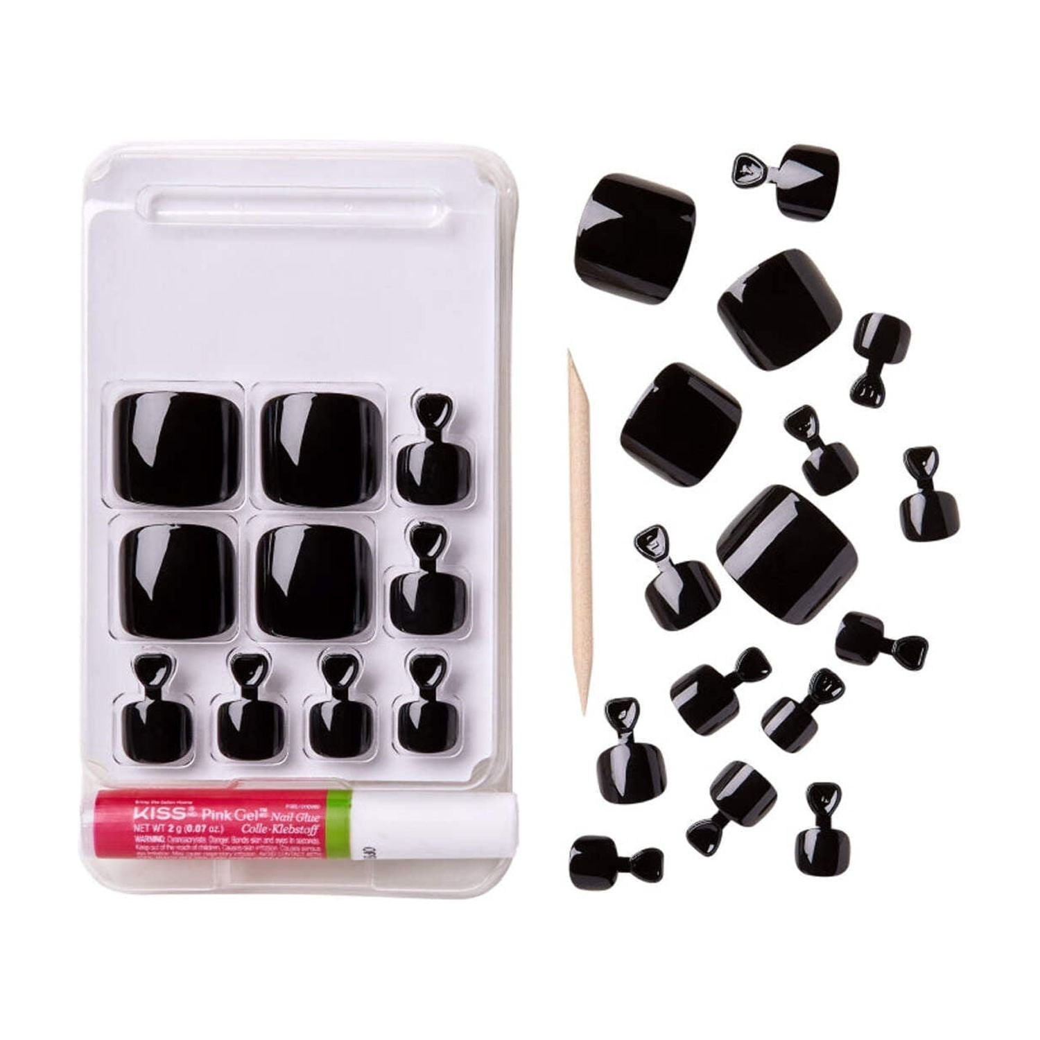 GoldFinger Press On Toenails Kit Wider Fit, Bold Glossy Black Color Toenail, Ready to Wear Gel & Manicure Stick, 2g Glue included, Long-Lasting Convenient & Easy to Apply