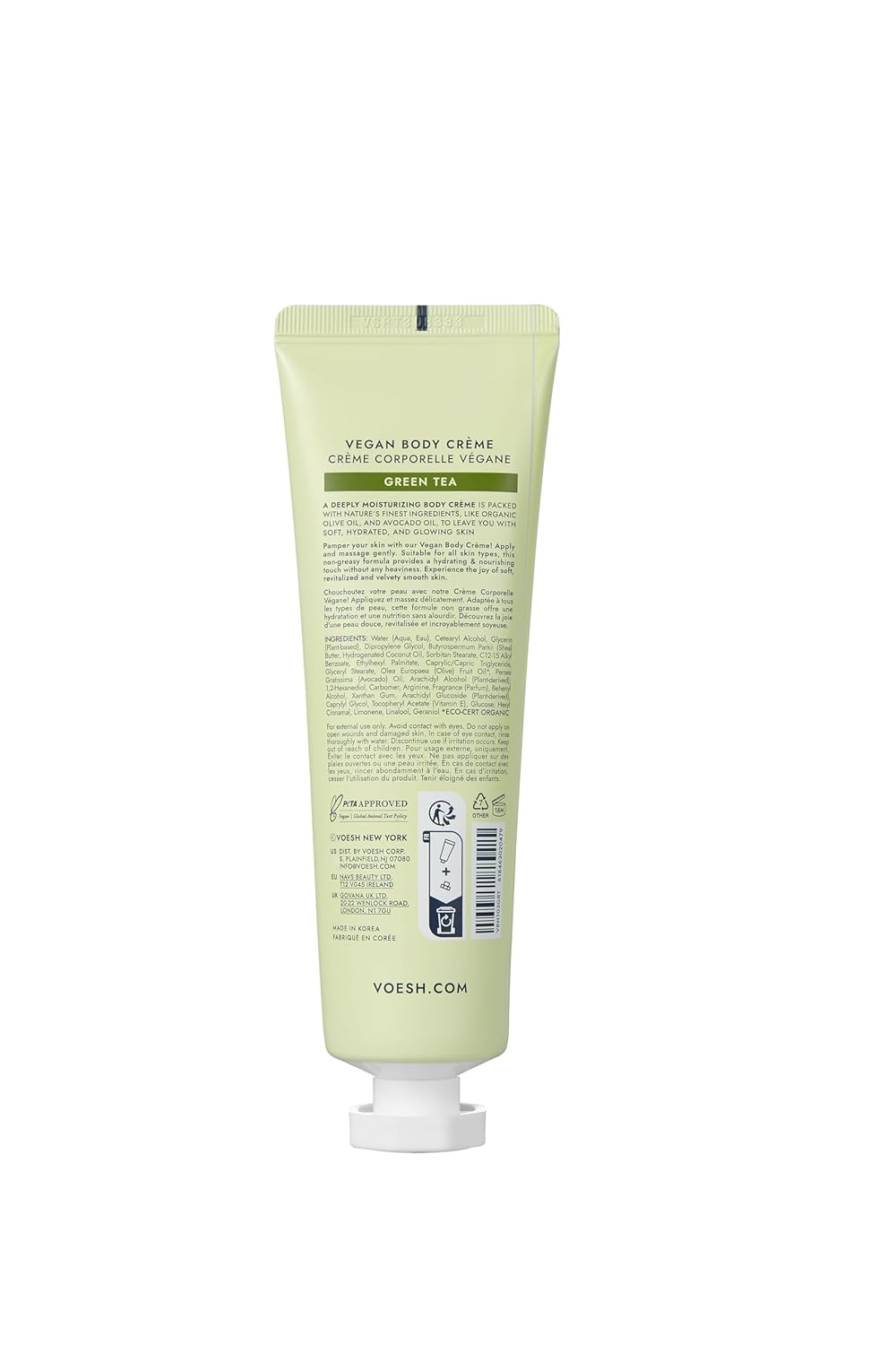 VOESH Vegan Body Creme, Skin Moisturizing Cream - Green Tea, K-Beauty Korean Skincare - 3oz