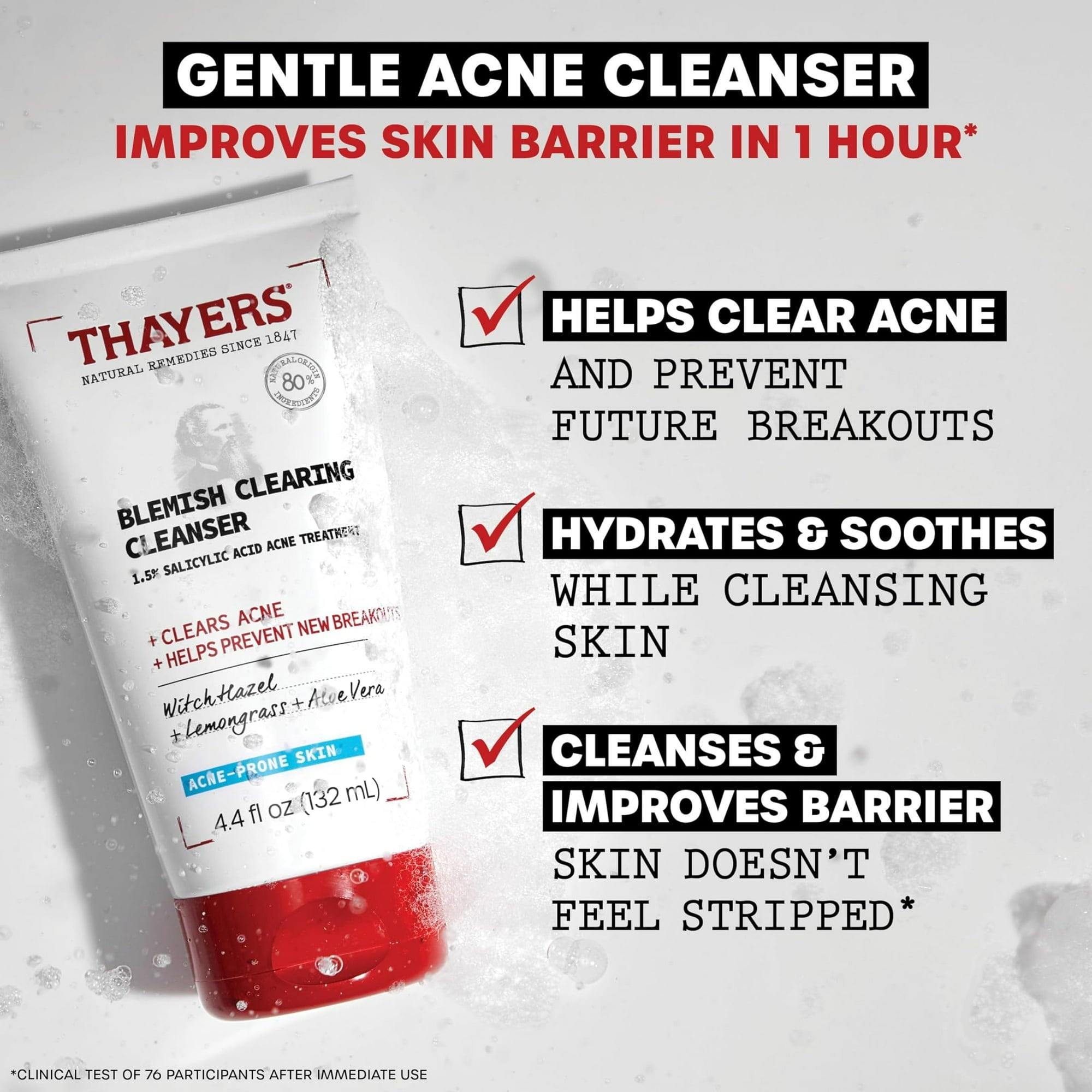 THAYERS Blemish Clearing Face Cleanser with 1.5% Salicylic Acid, Acne Treatment Face Wash, Soothing and Non-Stripping Skin Care, 4.4 Fl Oz EXP 04/2025
