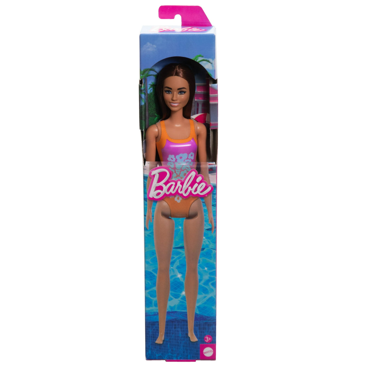 Beach Barbie Doll with Light Brown Hair Wearing Tropical Pink and Orange Swimsuit