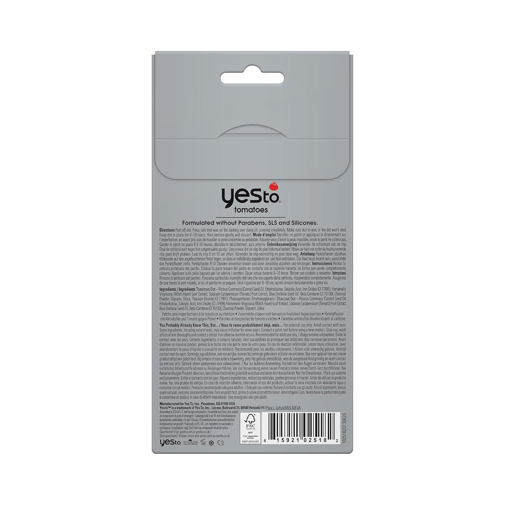 Yes To Tomatoes Detoxifying Charcoal Zit Zapping Dots | 24 Zit Patches | Paraben & Cruelty-Free | Pimple Patches for Blemish Prone Skin (package may be different)