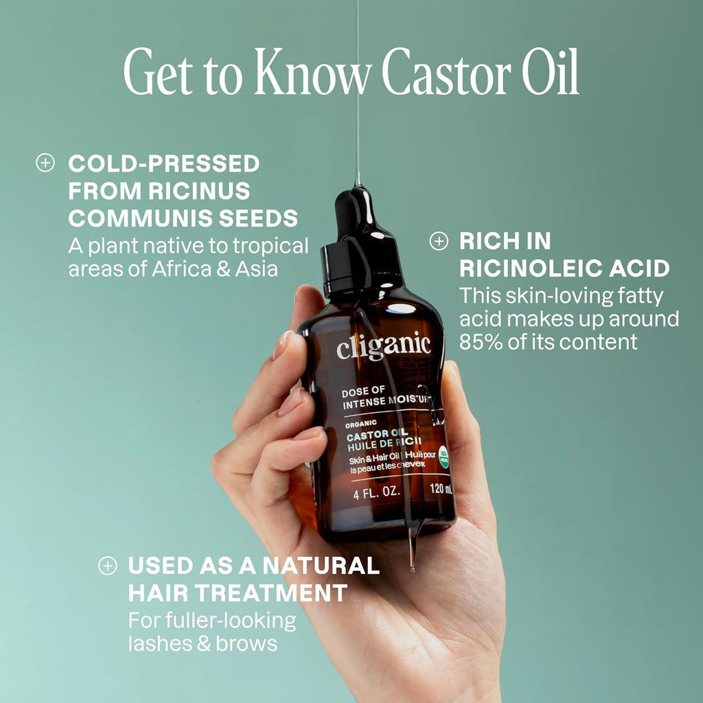 Cliganic Organic Castor Oil, 100% Pure (4oz Glass Bottle with Eyelash Kit) - For Eyelashes, Eyebrows, Hair & Skin