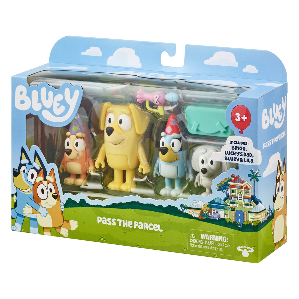 Bluey Pass the Parcel Includes Bluey, Bingo, Lucky's Dad and Lila 2.5-3 inch 4 Pack Figure, Ages 3+