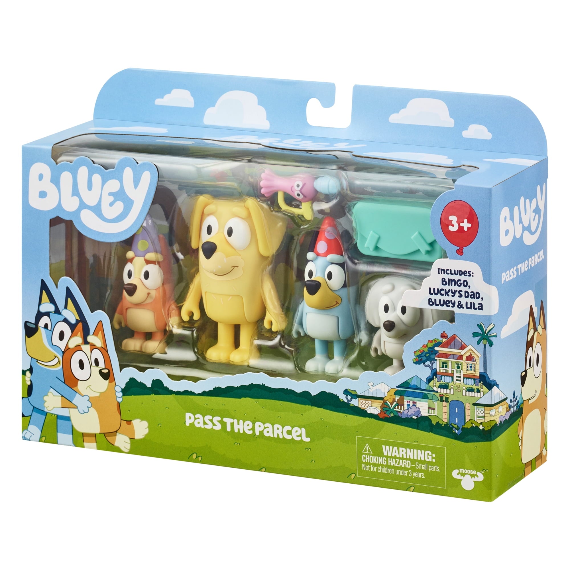 Bluey Pass the Parcel Includes Bluey, Bingo, Lucky's Dad and Lila 2.5-3 inch 4 Pack Figure, Ages 3+