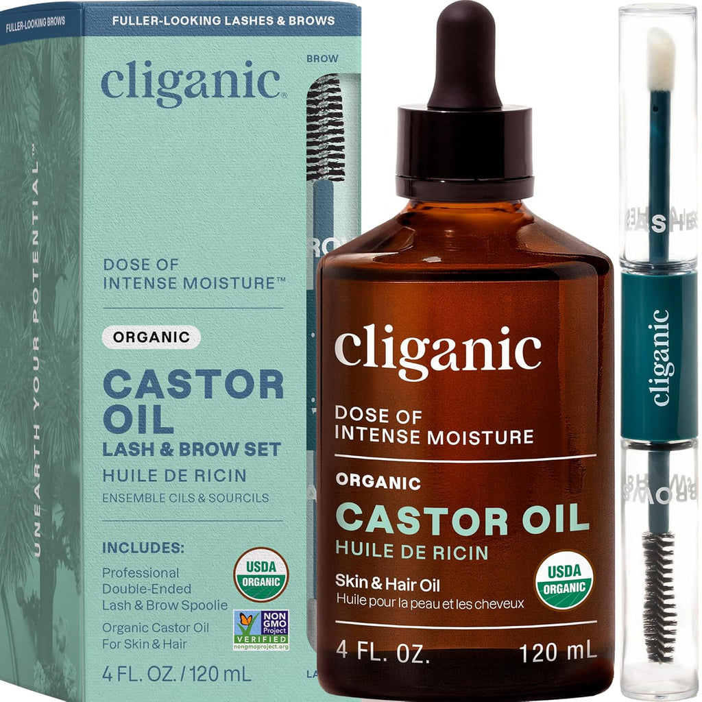 Cliganic Organic Castor Oil, 100% Pure (4oz Glass Bottle with Eyelash Kit) - For Eyelashes, Eyebrows, Hair & Skin
