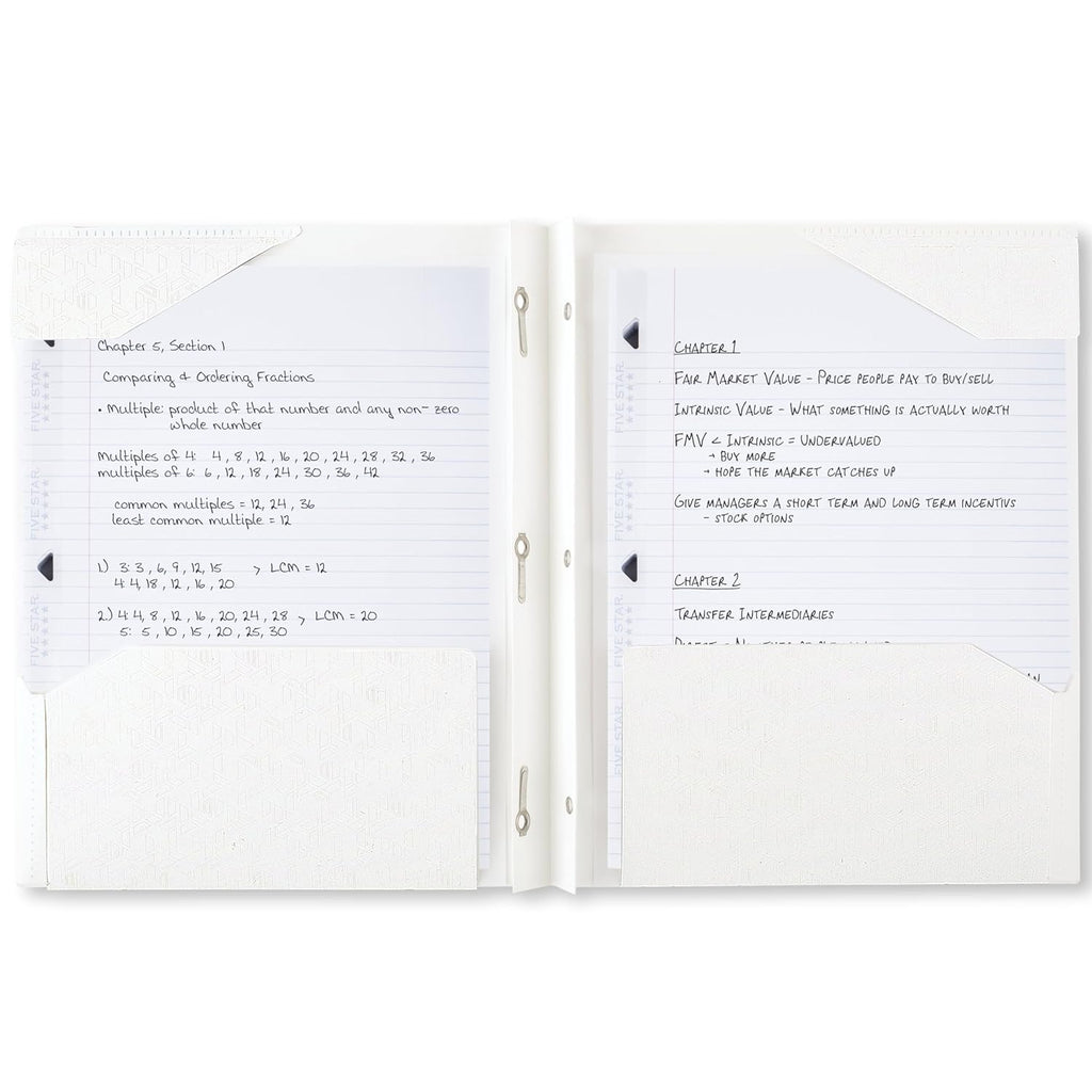 Five Star 2-Pocket Folder, Plastic Folder with Stay-Put Tabs and Prong Fasteners, Holds 8-1/2" x 11" Paper, White (72494)