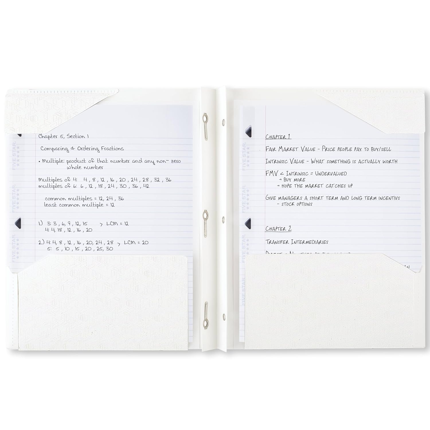 Five Star 2-Pocket Folder, Plastic Folder with Stay-Put Tabs and Prong Fasteners, Holds 8-1/2" x 11" Paper, White (72494)