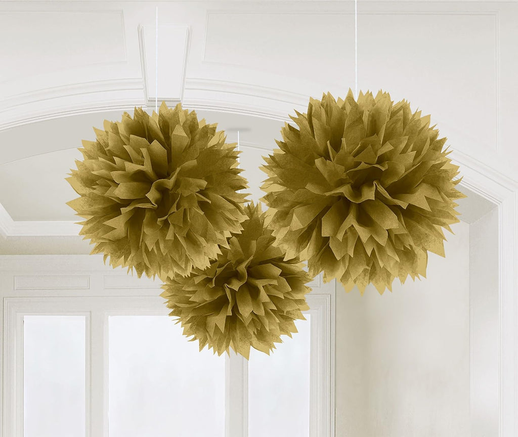 Elegant Gold Fluffy Hanging Paper Decorations - 16", 3 Pieces - Great For Party & Event Decor
