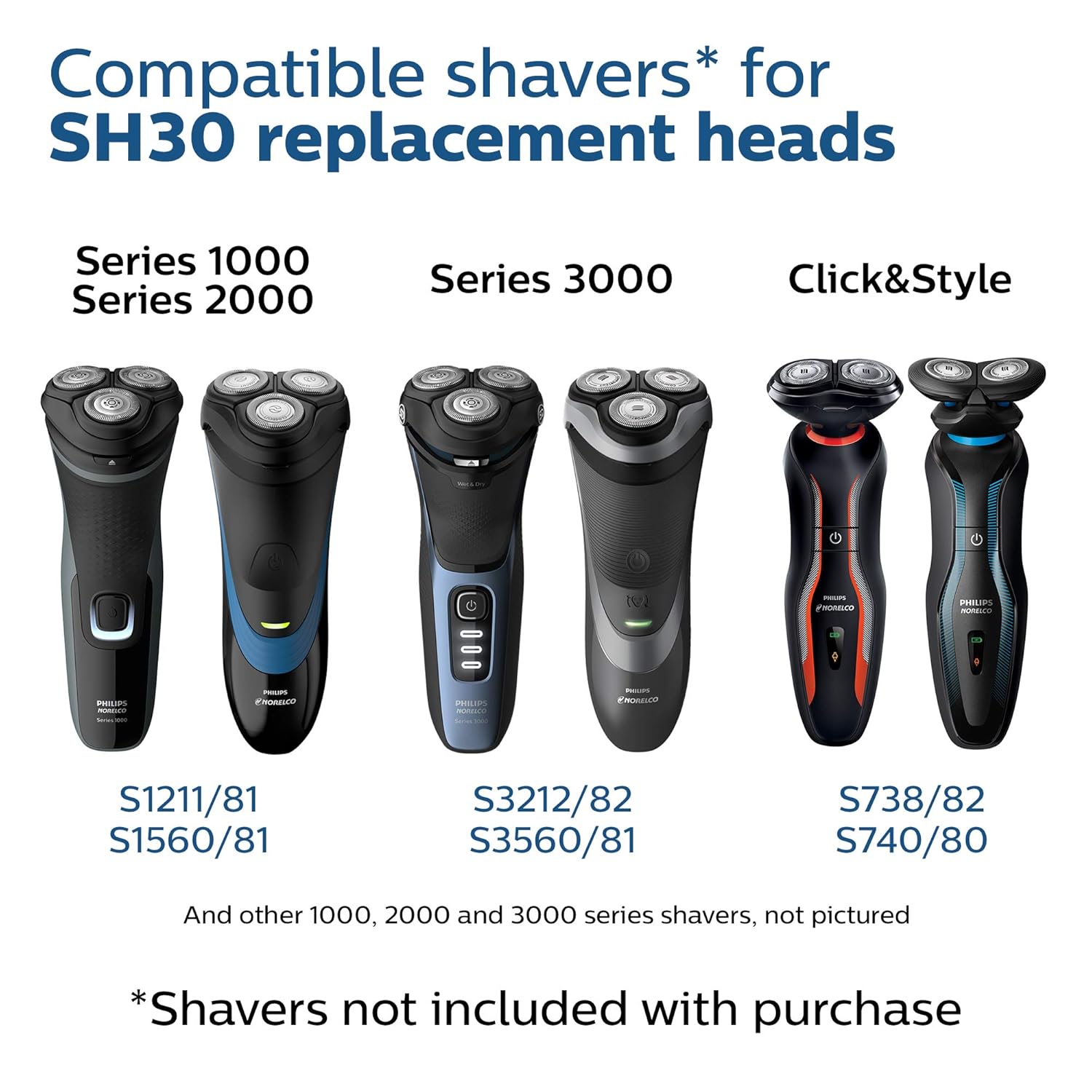 Philips Norelco SH30/52 Shaving Heads, Compatible with Philips Shavers Series 1000, 3000 and 5000, Powerful Performance, Self-Sharpening, 3 Pieces, Model SH30/52