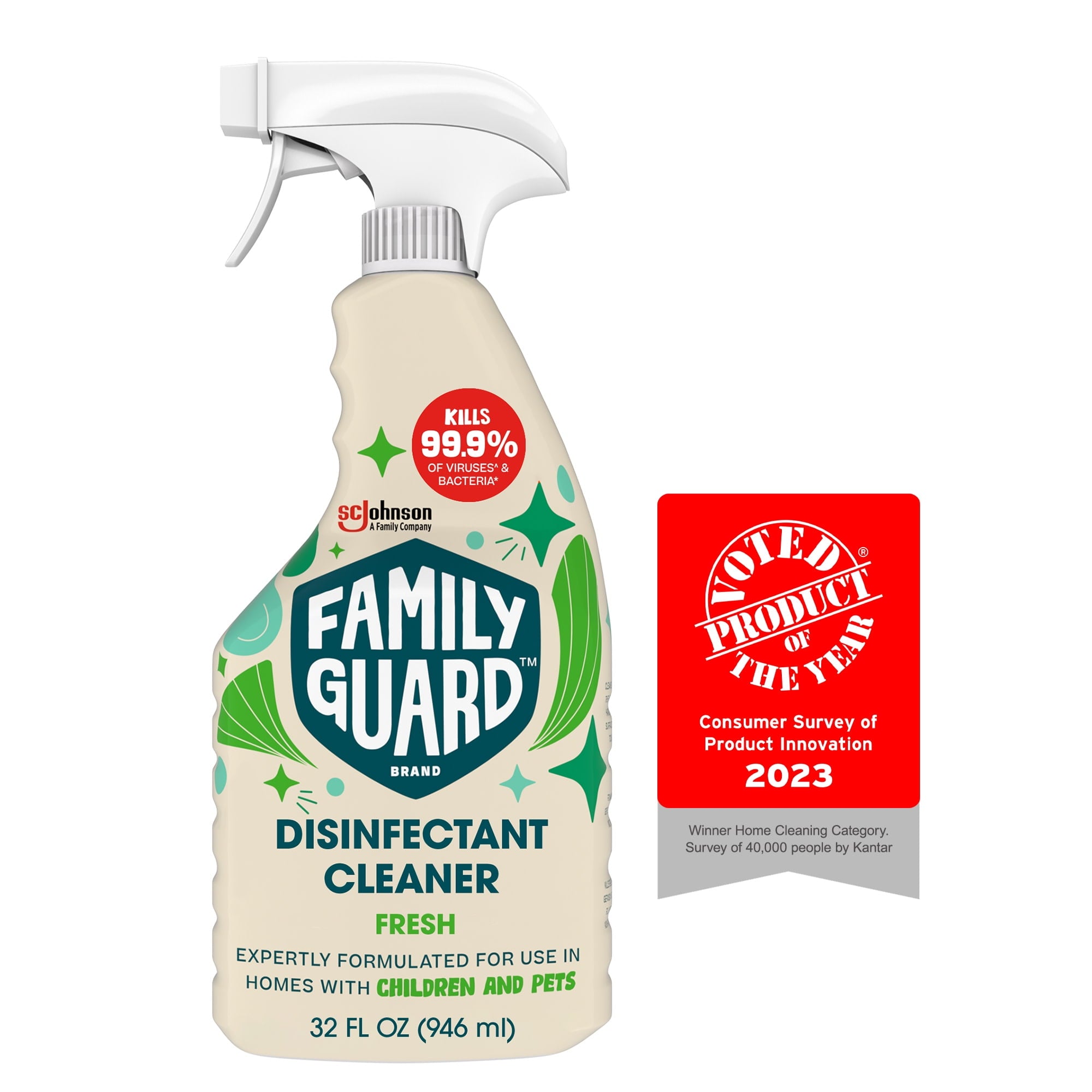 FamilyGuard Brand Disinfectant Cleaner, Multi Surface, 32 oz, Fresh. Expertly Formulated for Use in Homes with Children and Pets
