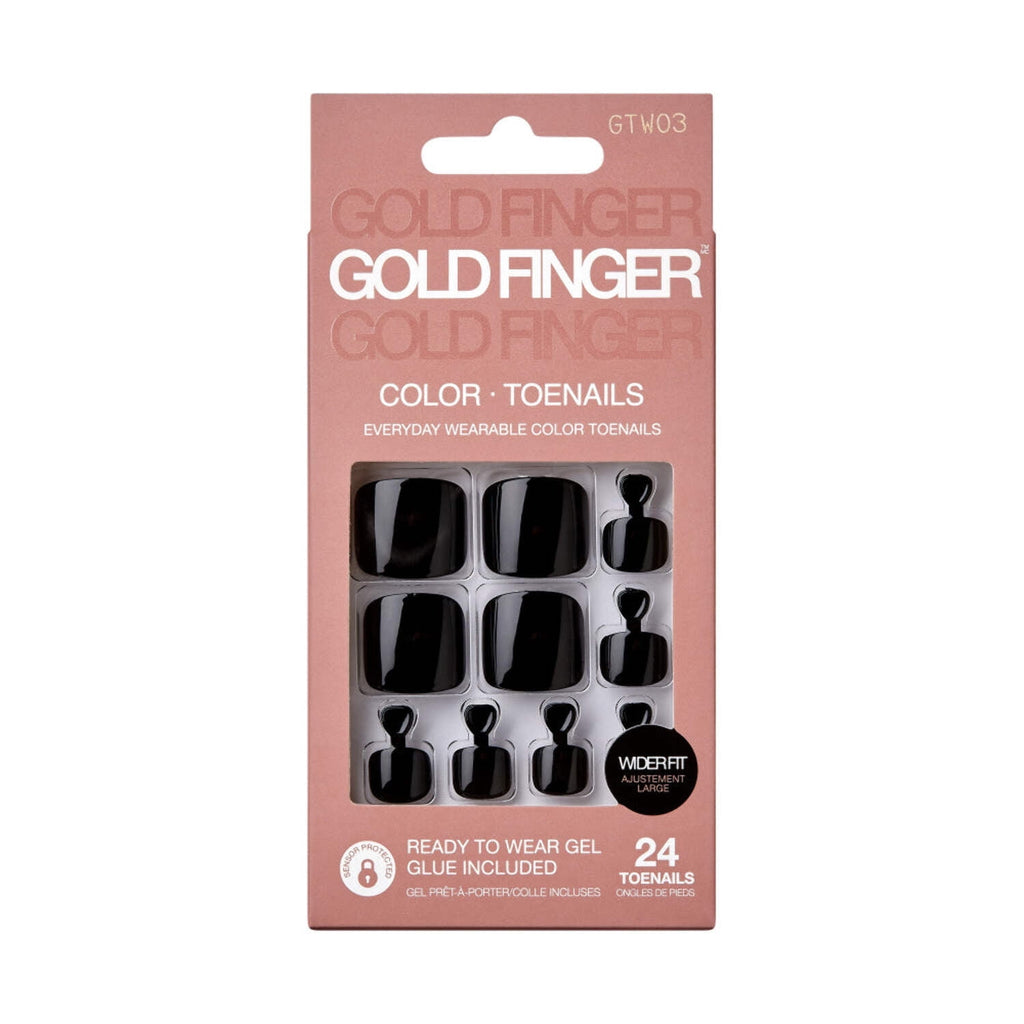 GoldFinger Press On Toenails Kit Wider Fit, Bold Glossy Black Color Toenail, Ready to Wear Gel & Manicure Stick, 2g Glue included, Long-Lasting Convenient & Easy to Apply