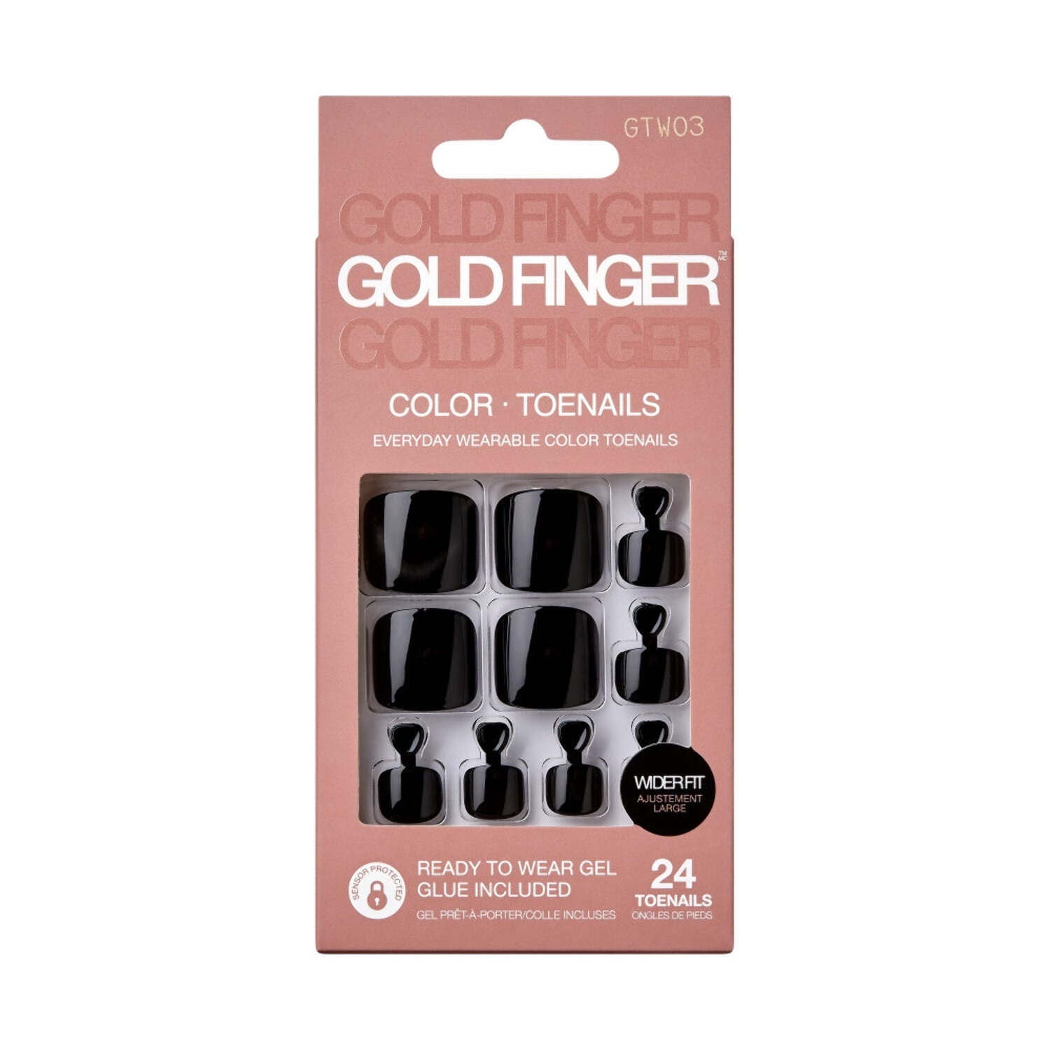 GoldFinger Press On Toenails Kit Wider Fit, Bold Glossy Black Color Toenail, Ready to Wear Gel & Manicure Stick, 2g Glue included, Long-Lasting Convenient & Easy to Apply