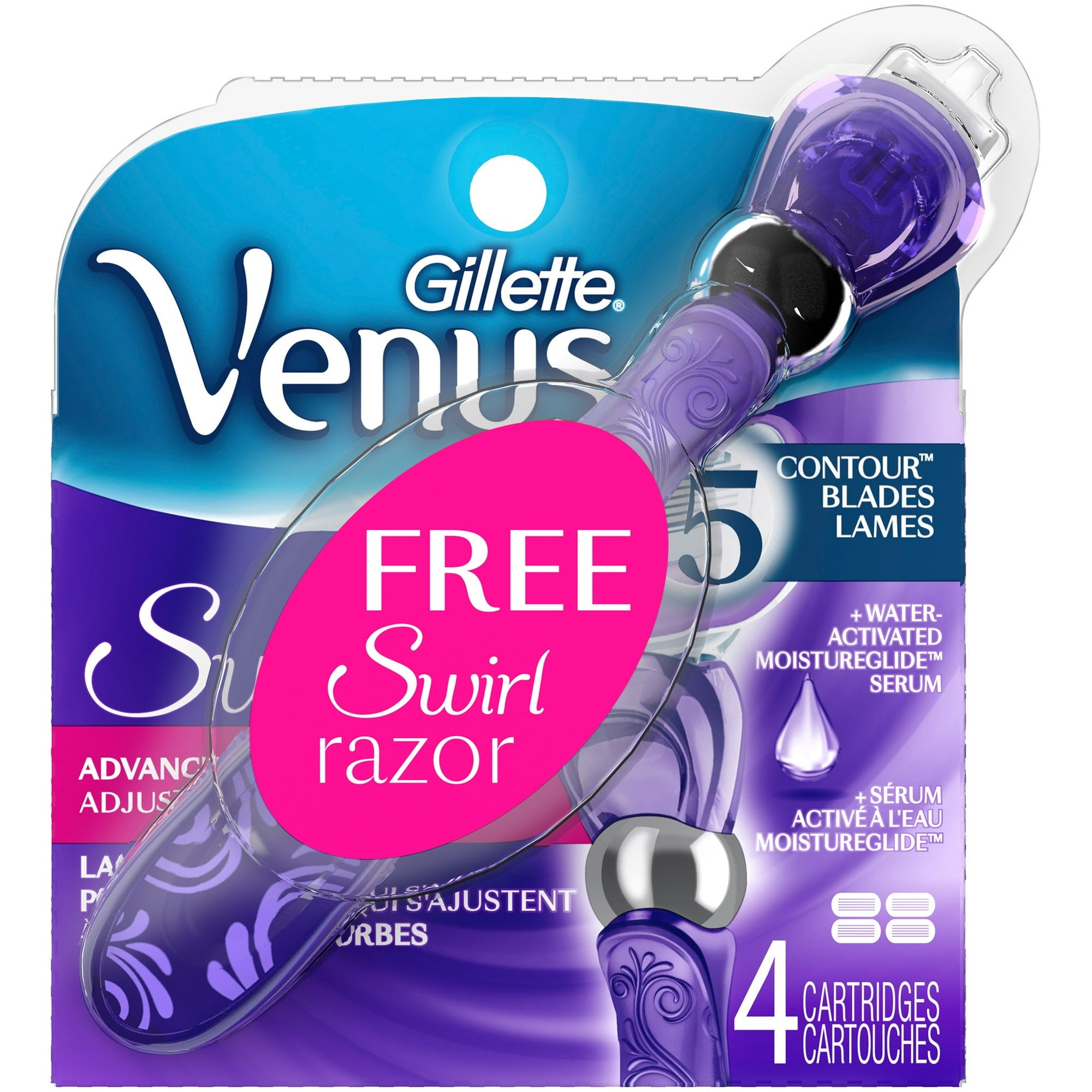 Gillette Venus Swirl Razor Cartridge with Handle, 4 Count