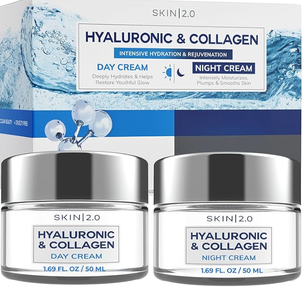 Hyaluronic Acid & Collagen Face Moisturizer – Deep Hydration & Firming Cream for Smooth, Youthful Look – Dermatologist Tested, Korean Skin Care Set, Vegan, Clean Beauty – Day & Night Duo