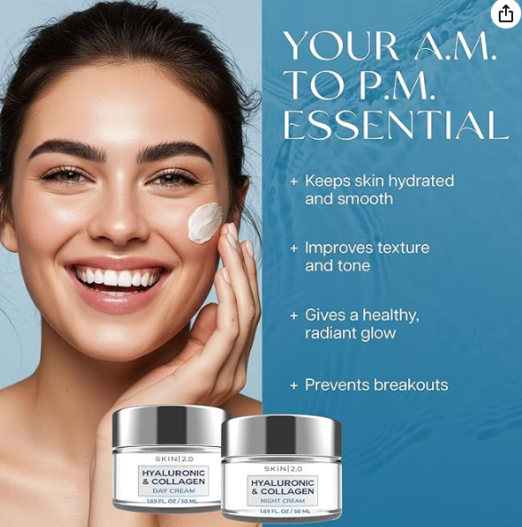 Hyaluronic Acid & Collagen Face Moisturizer – Deep Hydration & Firming Cream for Smooth, Youthful Look – Dermatologist Tested, Korean Skin Care Set, Vegan, Clean Beauty – Day & Night Duo