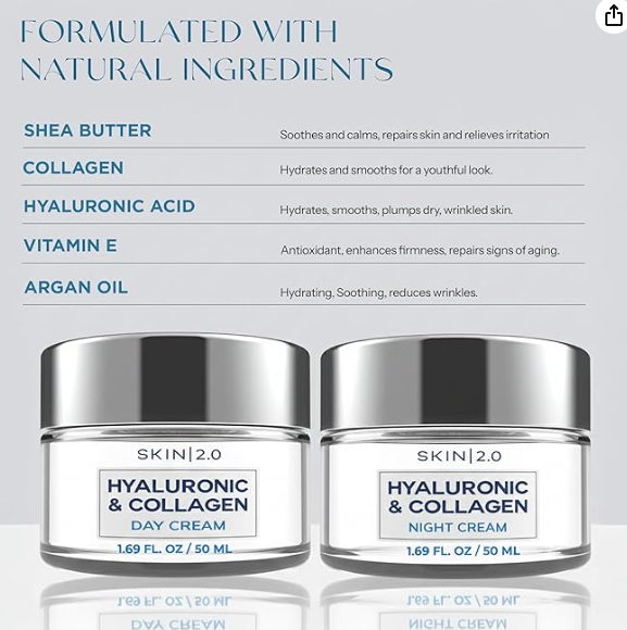 Hyaluronic Acid & Collagen Face Moisturizer – Deep Hydration & Firming Cream for Smooth, Youthful Look – Dermatologist Tested, Korean Skin Care Set, Vegan, Clean Beauty – Day & Night Duo