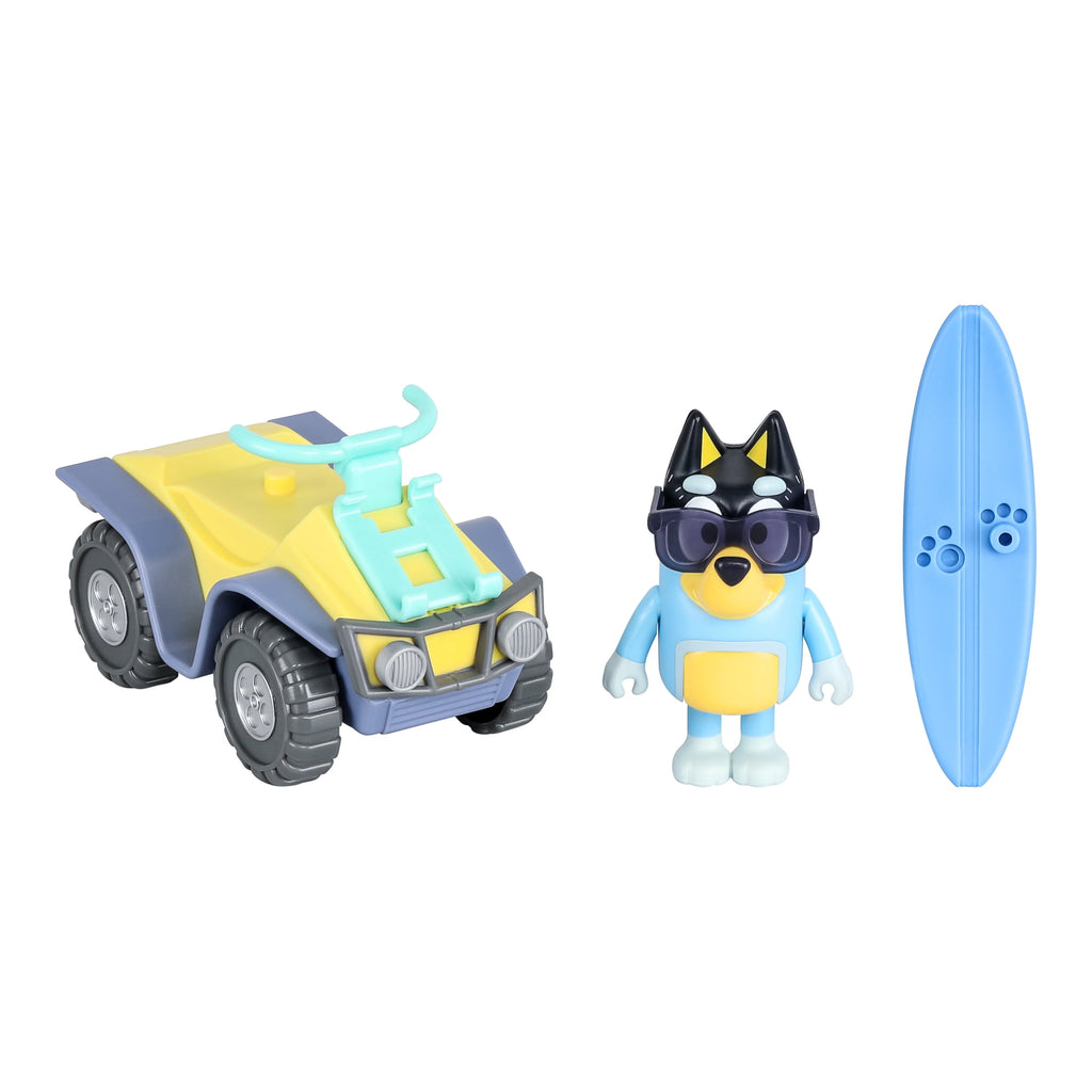 Bluey Beach Quad with Bandit with 2.5-3 inch Figure and Surfboard Vehicle and Figure Pack, Ages 3+