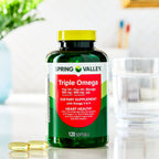 Spring Valley Triple Omega, Fish Oil 800mg, Flax Oil 800mg, and Borage Oil Softgels, Heart Health Dietary Supplement, 120 Count
