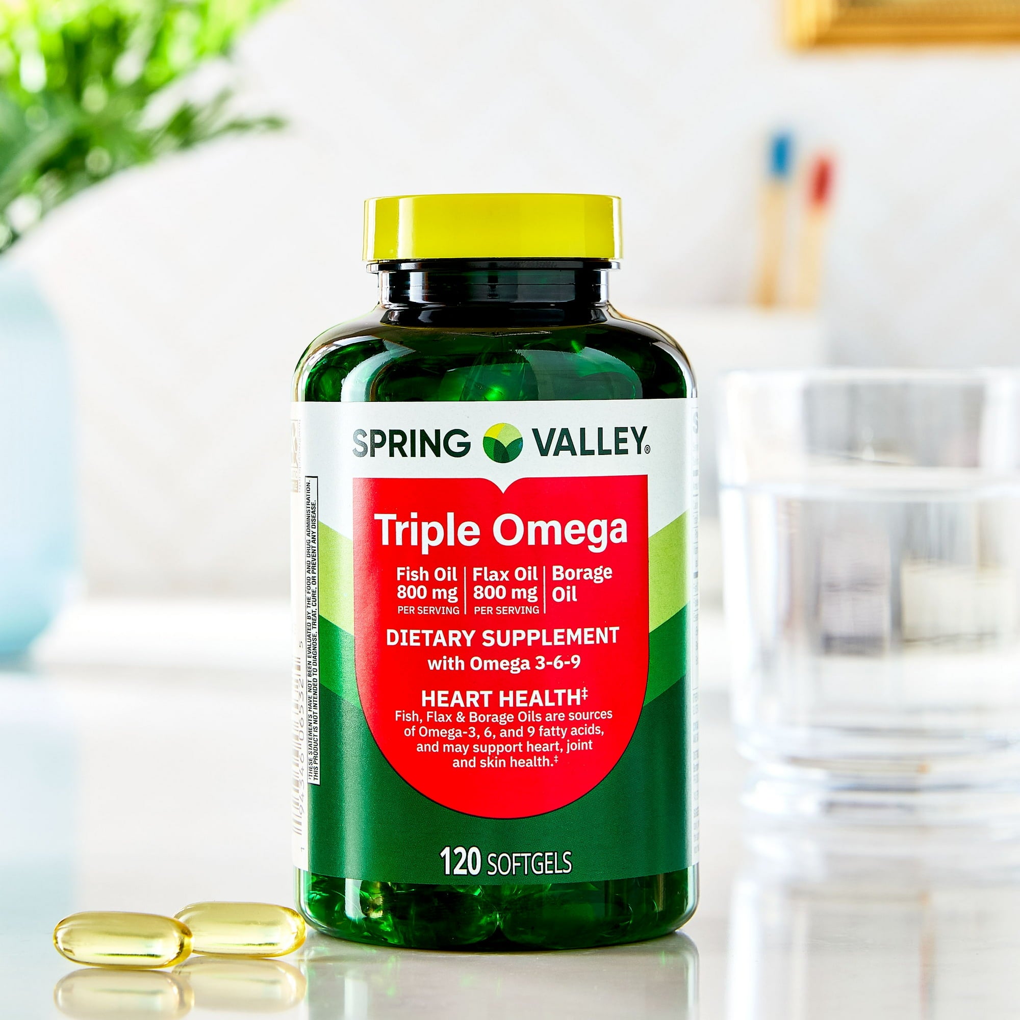 Spring Valley Triple Omega, Fish Oil 800mg, Flax Oil 800mg, and Borage Oil Softgels, Heart Health Dietary Supplement, 120 Count