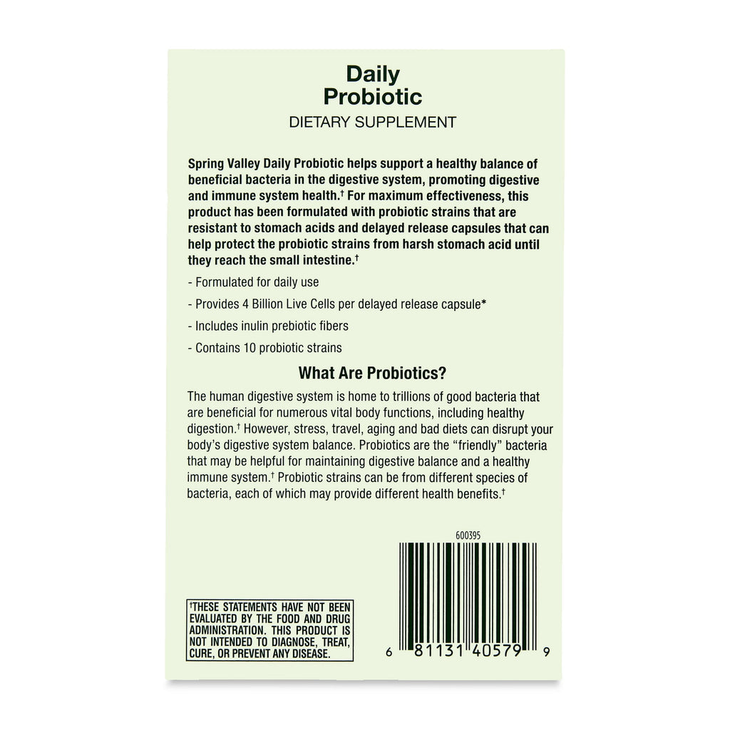 Spring Valley Daily Probiotic Delayed Release Capsules for Digestive Health, 4 Billion Live Cells, 60 Count