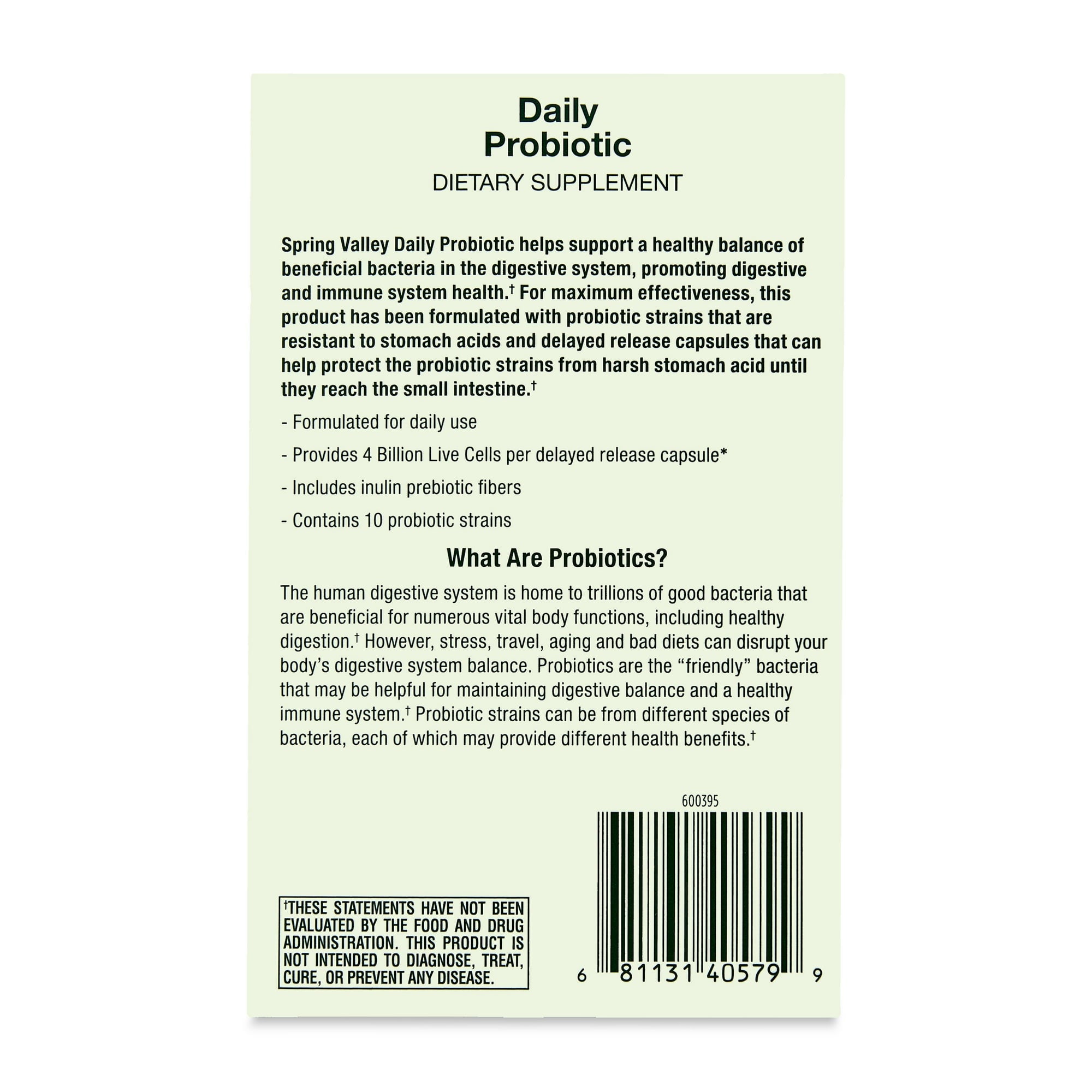 Spring Valley Daily Probiotic Delayed Release Capsules for Digestive Health, 4 Billion Live Cells, 60 Count