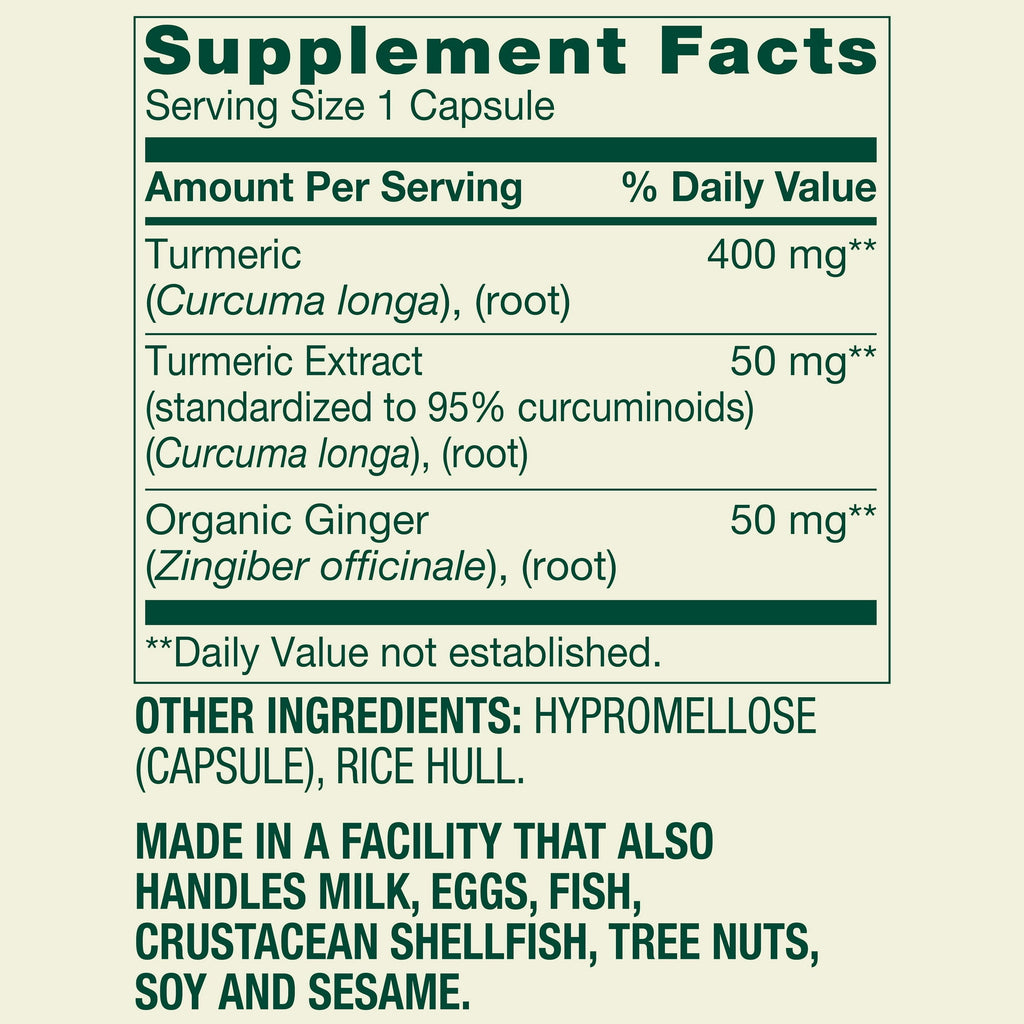 Spring Valley Turmeric Curcumin with Ginger Powder Dietary Supplement Vegetarian Capsules for General Wellness, 500 mg, 90 Count