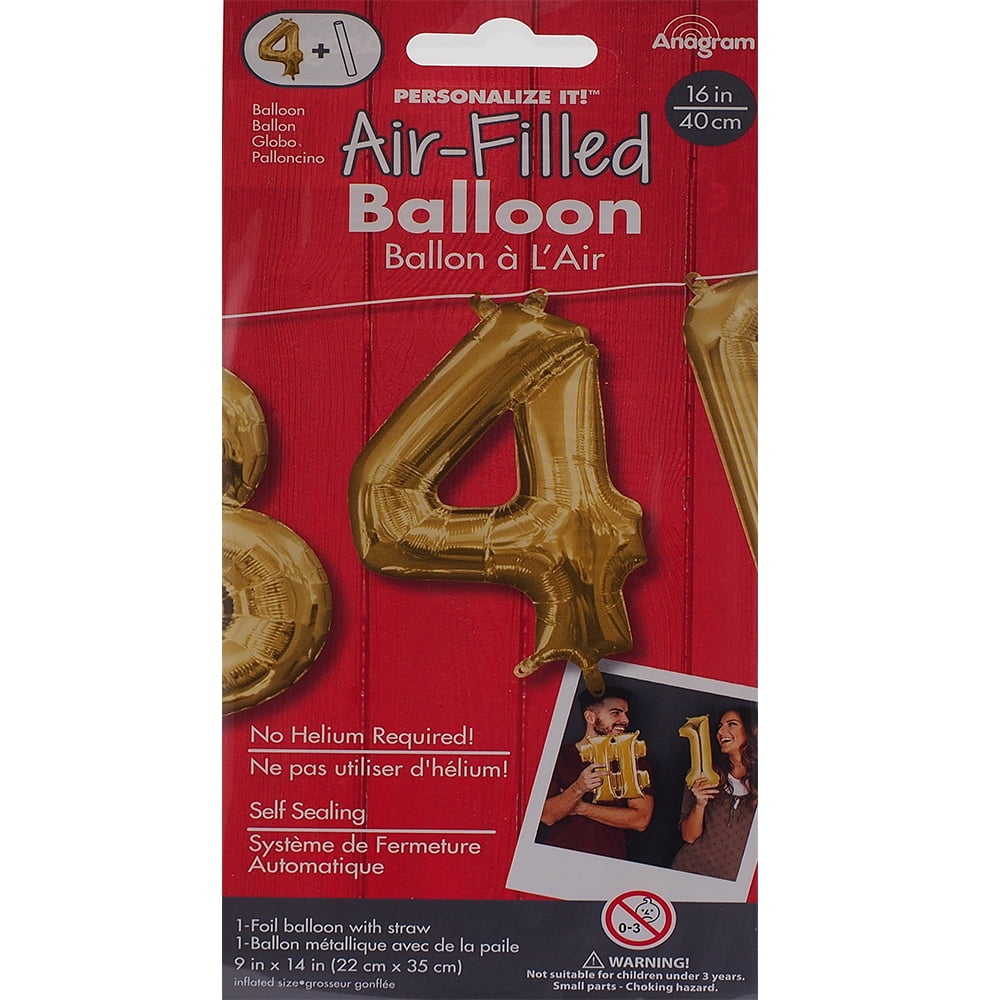 Anagram  16 in. Number 4 Gold Shape Air Fill Foil Balloon