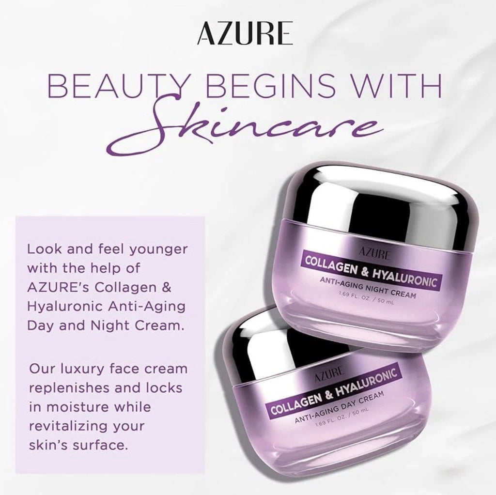 Azure Cosmetics Collagen & Hyaluronic Acid Face Moisturizer - Dermatologist Tested, Anti-Aging Cream for Fine Lines & Wrinkles - Ultra Hydrating Face Cream - Korean Skin Care - Day & Night Duo Set