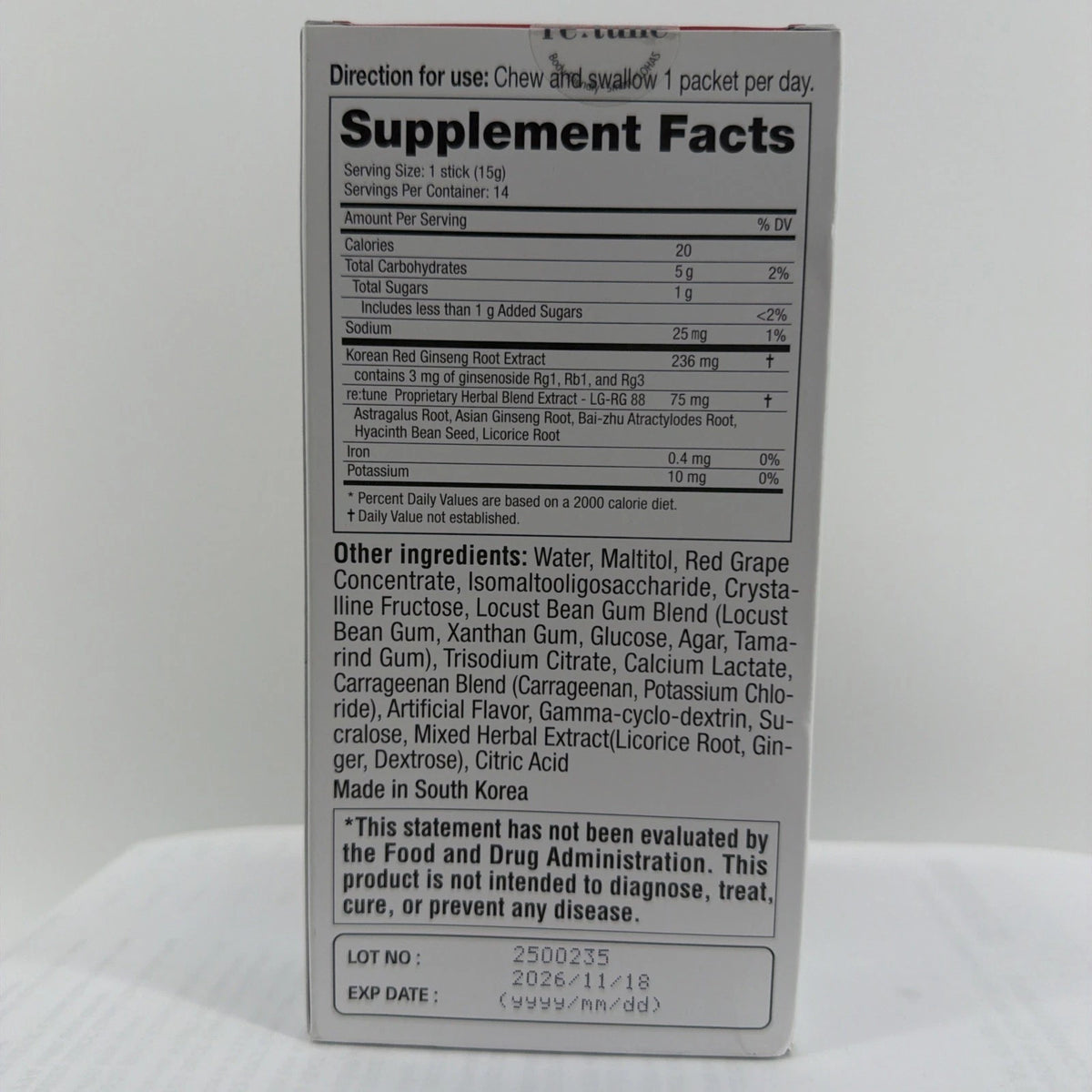 RE:TUNE Korean Red Ginseng Immune Jelly 14 Single Serve Packets Dietary Supp. EXP 11/26