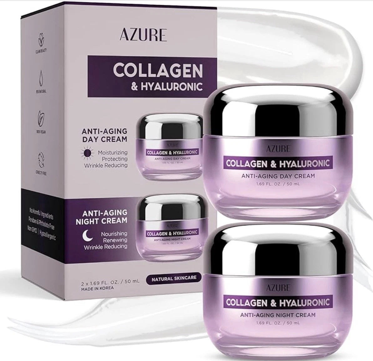 Azure Cosmetics Collagen & Hyaluronic Acid Face Moisturizer - Dermatologist Tested, Anti-Aging Cream for Fine Lines & Wrinkles - Ultra Hydrating Face Cream - Korean Skin Care - Day & Night Duo Set