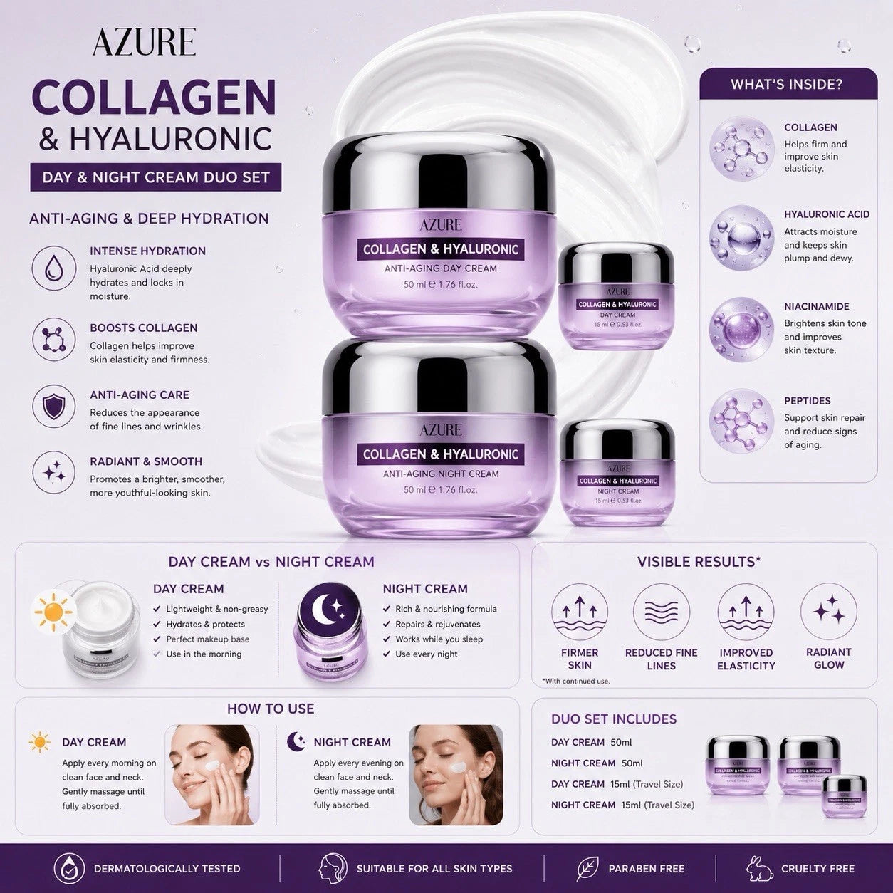 Azure Cosmetics Collagen & Hyaluronic Acid Face Moisturizer - Dermatologist Tested, Anti-Aging Cream for Fine Lines & Wrinkles - Ultra Hydrating Face Cream - Korean Skin Care - Day & Night Duo Set